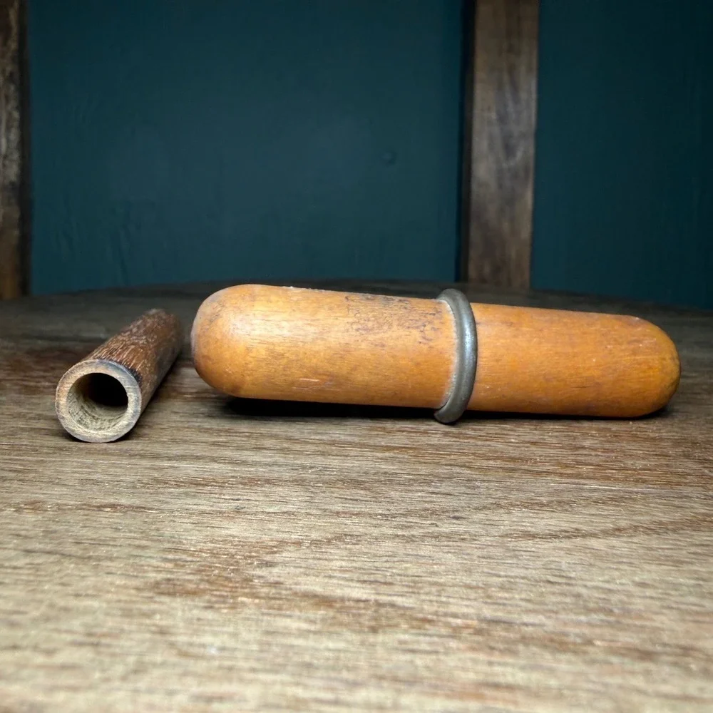 Antique Primitive Wooden T Handle Corkscrew with Sheath Twisted Wire Steel Worm